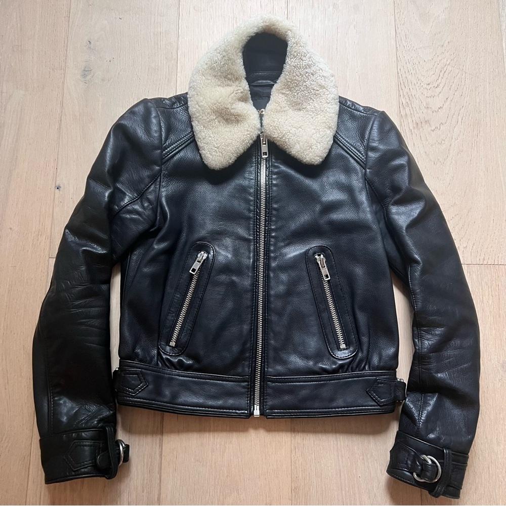 Maje Black Leather Jacket with Cream Shearling Collar